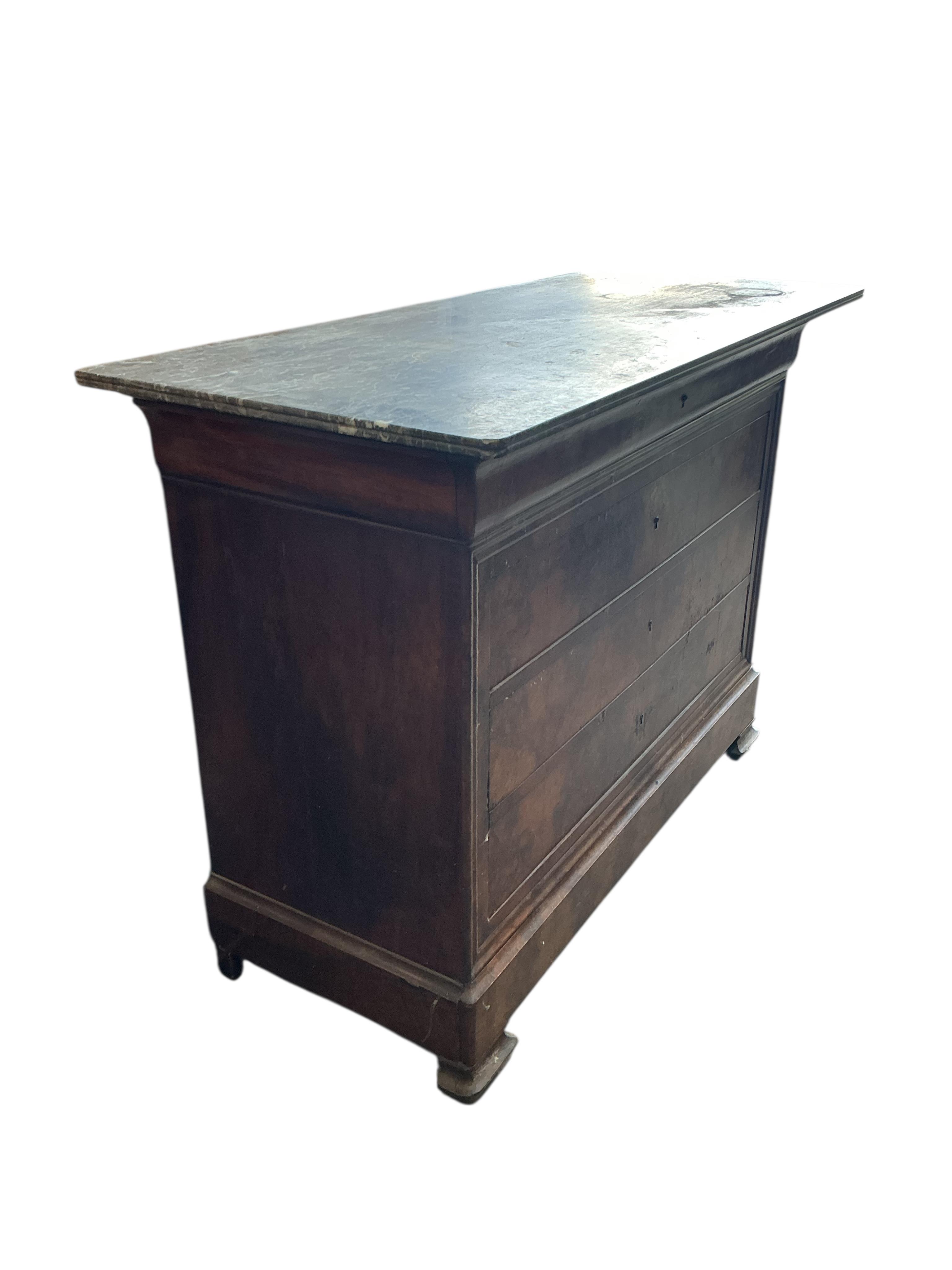 A 19th century French burr walnut marble top commode, width 127cm, depth 57cm, height 95cm